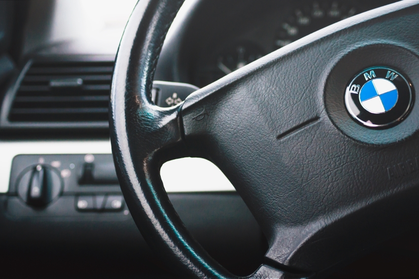 Close up of dashboard and steering wheel or BMW
