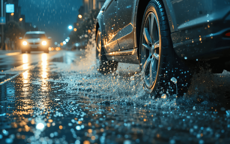 car driving in the rain