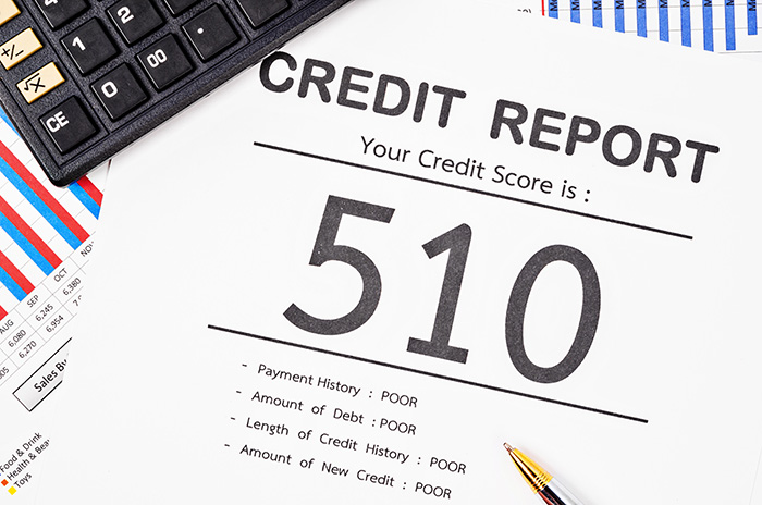 Credit report displaying poor credit score